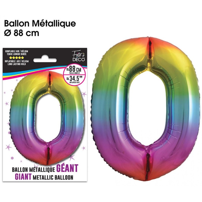 Ballon Géant Métallique multicolore, 88cm chiffre 0 Ballon Géant Métallique multicolore, 88cm chiffre 0