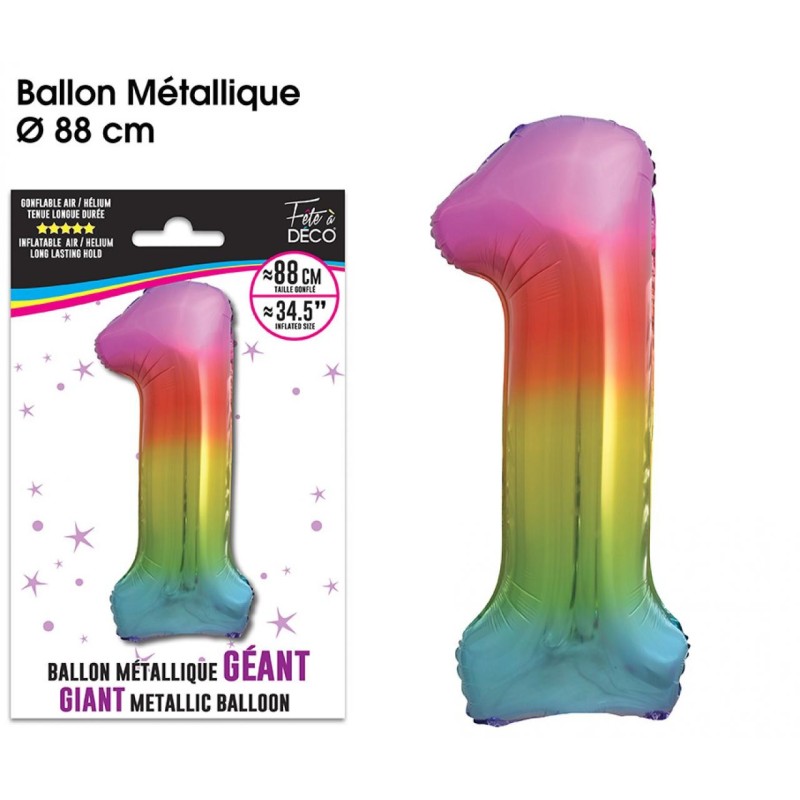 Ballon Géant Métallique multicolore, 88cm chiffre 1 Ballon Géant Métallique multicolore, 88cm chiffre 1