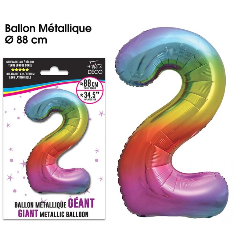 Ballon Géant Métallique multicolore, 88cm chiffre 2 Ballon Géant Métallique multicolore, 88cm chiffre 2