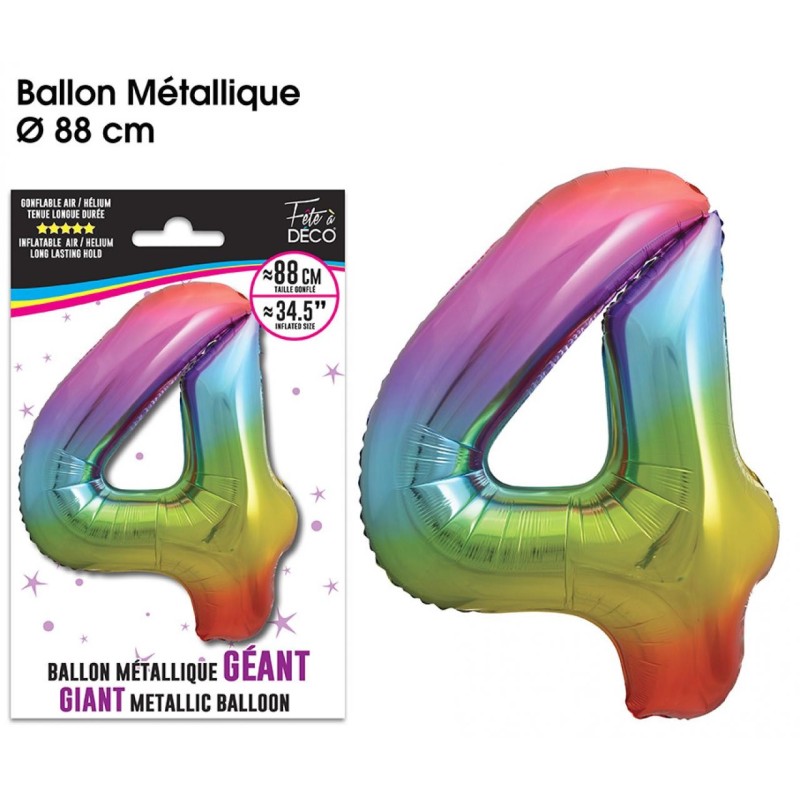 Ballon Géant Métallique multicolore, 88cm chiffre 4 Ballon Géant Métallique multicolore, 88cm chiffre 4