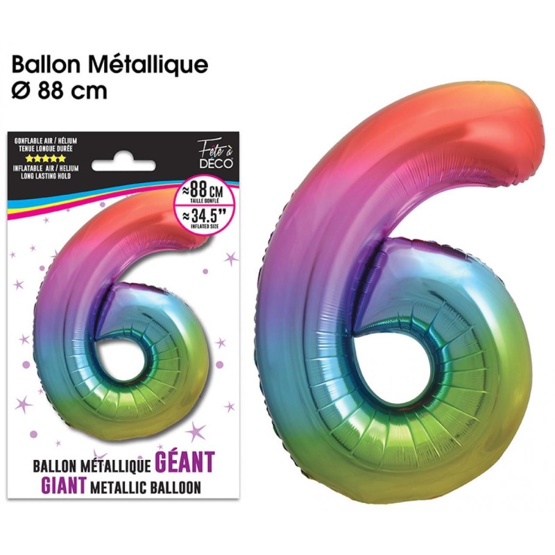 Ballon Géant Métallique Multicolore, 88cm chiffre 6 Ballon Géant Métallique Multicolore, 88cm chiffre 6