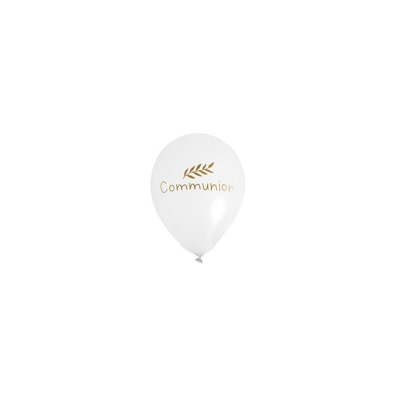 6 Ballons communion fond blanc imprimé doré  6 Ballons communion fond blanc imprimé doré