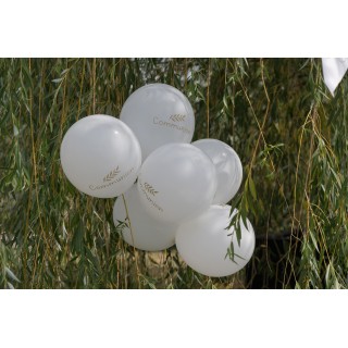 6 palloncini per la comunione con sfondo bianco e stampa oro