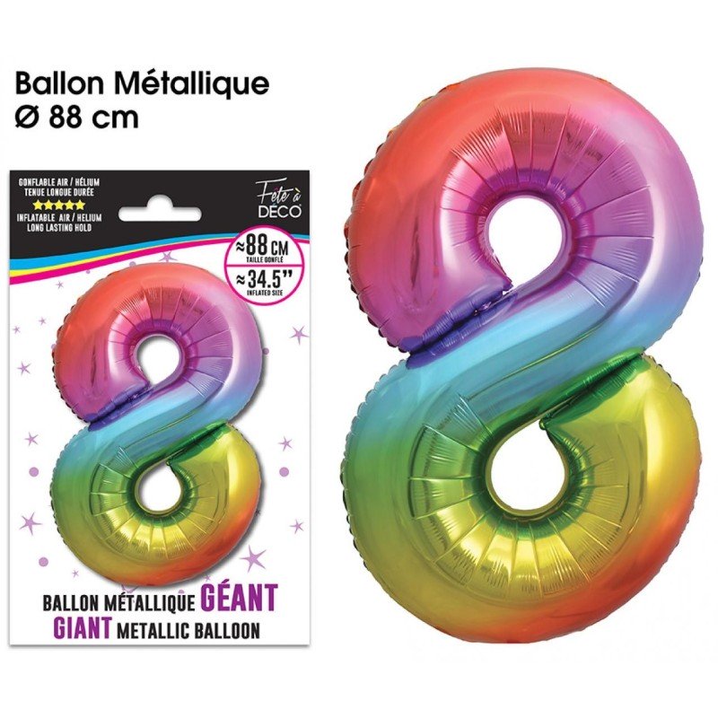 Palloncino gigante multicolore metallizzato, 88 cm, numero 8