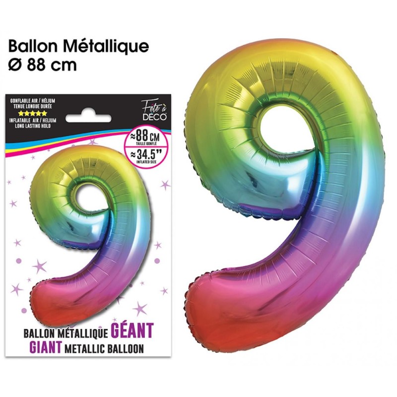 Ballon Géant Métallique Multicolore, 88cm chiffre 9 Ballon Géant Métallique Multicolore, 88cm chiffre 9