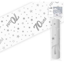 Chemin de table " 70 ans" 28 cm x 5 mètres, organza argenté