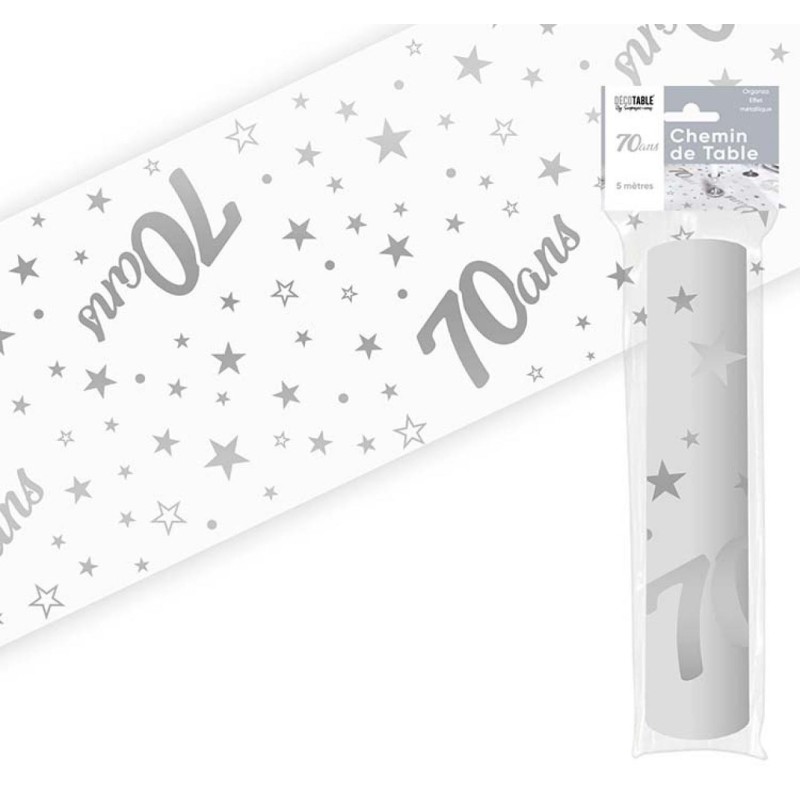 Runner da tavola "70 ans" argento 28 cm x 5 metri, organza Runner da tavola "70 ans" argento 28 cm x 5 metri, organza