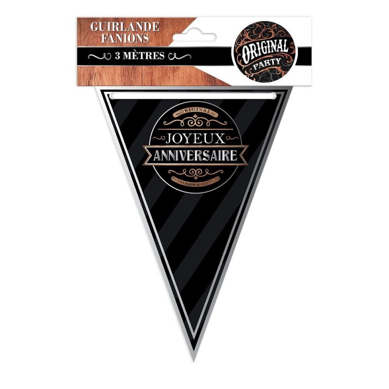 Guirlande fanion "Joyeux Anniversaire" Noir/argent, 3m Guirlande fanion "Joyeux Anniversaire" Noir/argent, 3m
