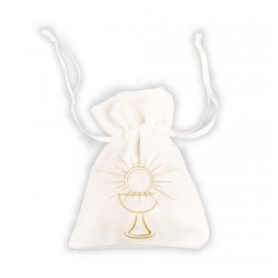 4 SACHET VELOURS COMMUNION BLANC/OR 8CM X 10CM