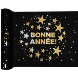 Chemin de table Bonne Année, 28cmx5m Noir/Or