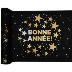 Tischläufer „Happy New Year“, 28 cm x 5 m, Schwarz/Gold