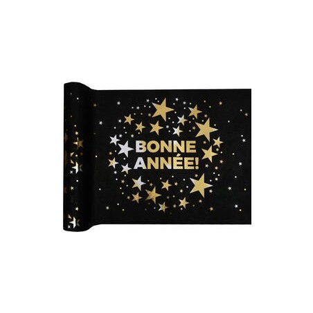 Chemin de table Bonne Année, 28cmx5m Noir/Or