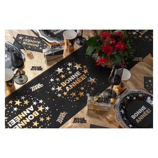 Chemin de table Bonne Année, 28cmx5m Noir/Or