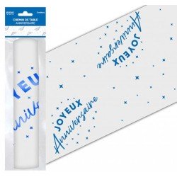 Tischläufer "Joyeux Anniversaire" blau 28 cm x 5 Meter, Organza