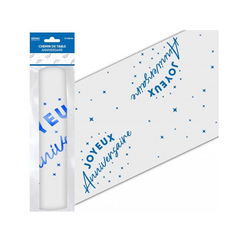 Chemin de table " Joyeux anniversaire" 28 cm x 5 mètres, organsa bleu Chemin de table " Joyeux anniversaire" 28 cm x 5 mètres, organsa bleu