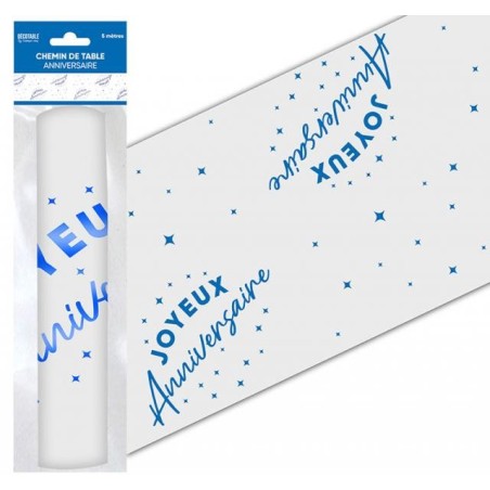 Runner da tavola "Joyeux Anniversaire" blu 28 cm x 5 metri, organza