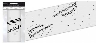 Chemin de table " Joyeux anniversaire" noir 28 cm x 5 mètres, organza 