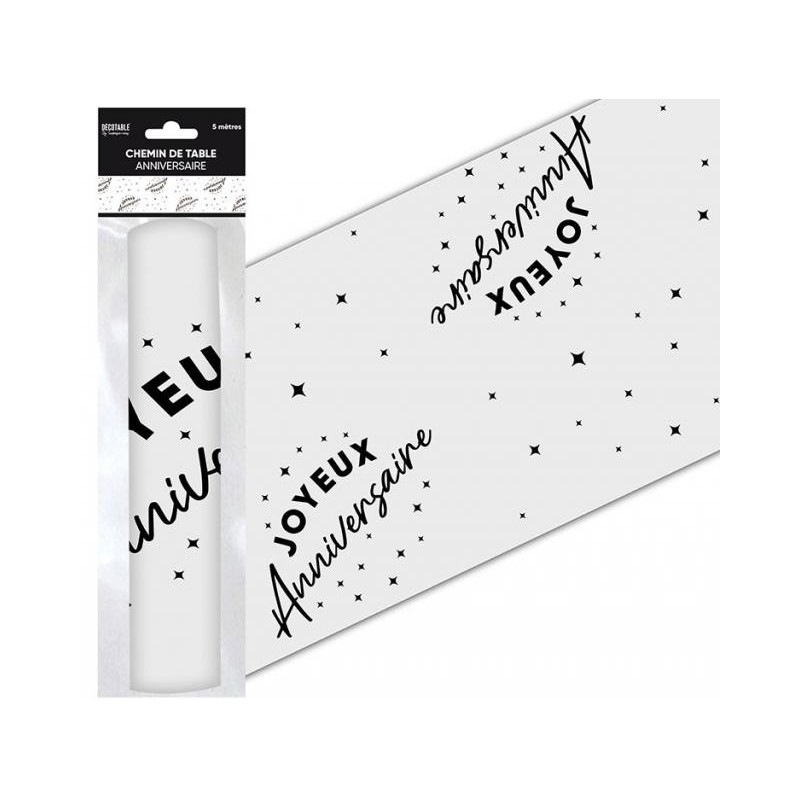 Chemin de table " Joyeux anniversaire" noir 28 cm x 5 mètres, organza  Chemin de table " Joyeux anniversaire" noir 28 cm x 5 mètres, organza
