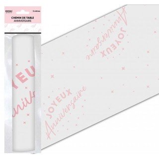 Chemin de table " Joyeux anniversaire" rose 28 cm x 5 mètres, organza 