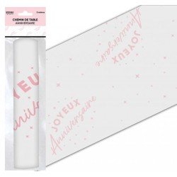 Tischläufer "Joyeux Anniversaire" Rosa 28 cm x 5 Meter, Organza