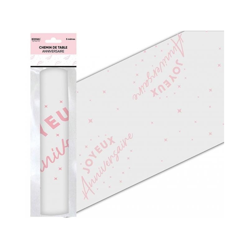 Chemin de table " Joyeux anniversaire" rose 28 cm x 5 mètres, organza  Chemin de table " Joyeux anniversaire" rose 28 cm x 5 mètres, organza