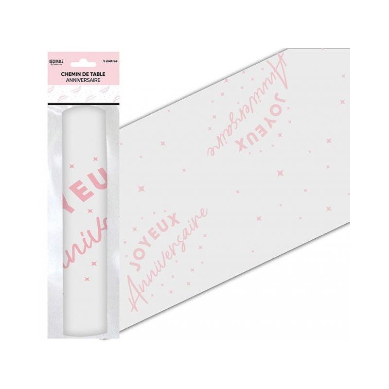 Chemin de table " Joyeux anniversaire" rose 28 cm x 5 mètres, organza 