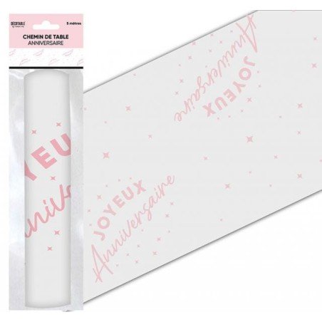 Chemin de table " Joyeux anniversaire" rose 28 cm x 5 mètres, organza 