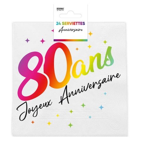 24 Servietten, 80 Ans, 3-lagig, 33 x33 cm, mehrfarbig