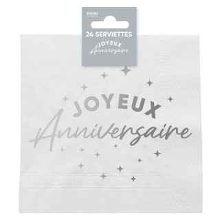 24 tovaglioli, Joyeux Anniversaire, 3 veli, 33 x33 cm , argento