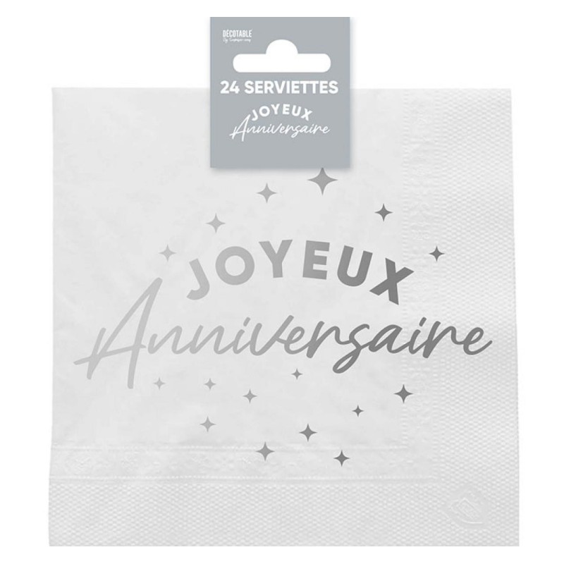 24 Servietten, Joyeux Anniversaire, 3-lagig, 33 x33 cm, Silber