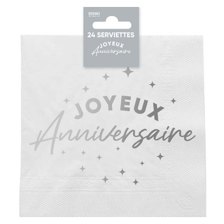 24 tovaglioli, Joyeux Anniversaire, 3 veli, 33 x33 cm , argento