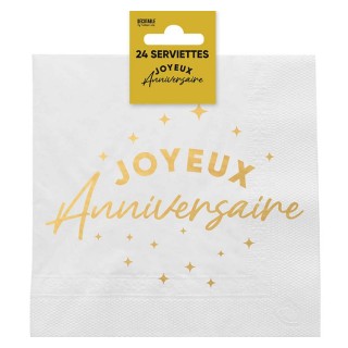 24 Servietten, Joyeux Anniversaire, 3-lagig, 33 x33 cm, gold