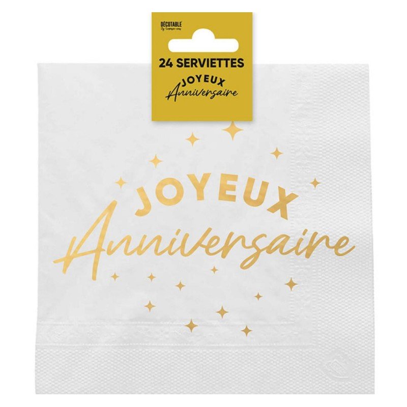 24 Servietten, Joyeux Anniversaire, 3-lagig, 33 x33 cm, gold