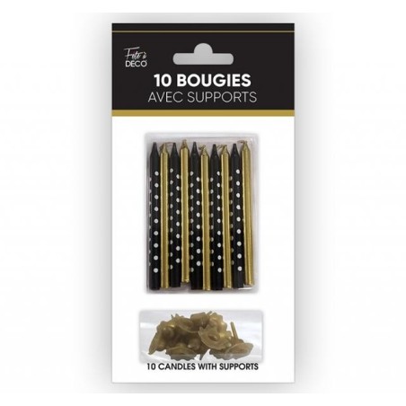 10 Kerzen mit schwarz/goldenen Haltern