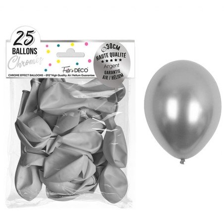 Sachet de 25 ballons chromé argent 30 cm
