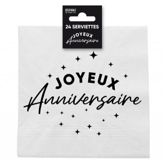 24 Serviettes, Joyeux Anniversaire, 3 plis, 33 x33 cm Noir/Blanc