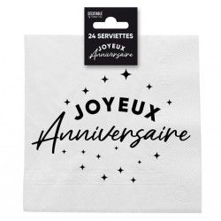 24 Serviettes, Joyeux Anniversaire, 3 plis, 33 x33 cm Noir/Blanc