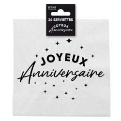 24 Serviettes, Joyeux Anniversaire, 3 plis, 33 x33 cm Noir/Blanc