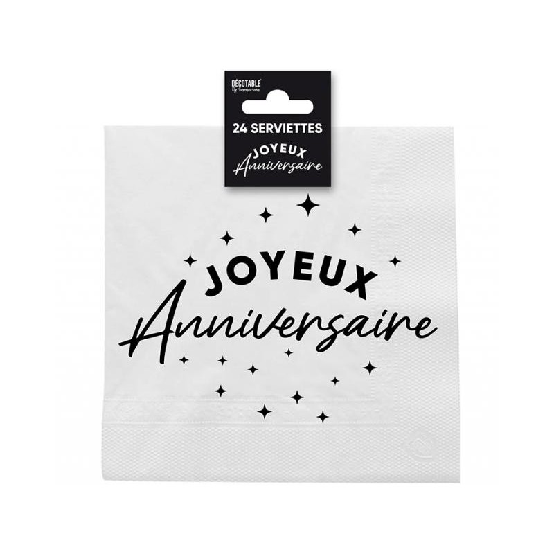 24 Servietten, „Happy Birthday“, 3-lagig, 33 x 33 cm, schwarz/weiß