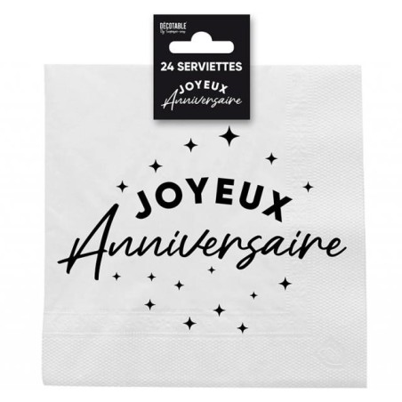 24 Serviettes, Joyeux Anniversaire, 3 plis, 33 x33 cm Noir/Blanc