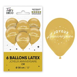 Sachet de 6  ballons métallisés joyeux anniversaire, or