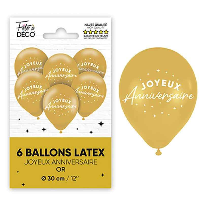 Beutel mit 6 metallisierten Luftballons „Happy Birthday“, goldfarben