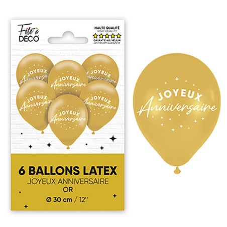 Sachet de 6  ballons métallisés joyeux anniversaire, or