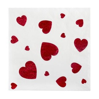 10 Serviettes Saint Valentin blanches avec coeur rouge