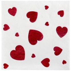 10 Serviettes Saint Valentin blanches avec coeur rouge