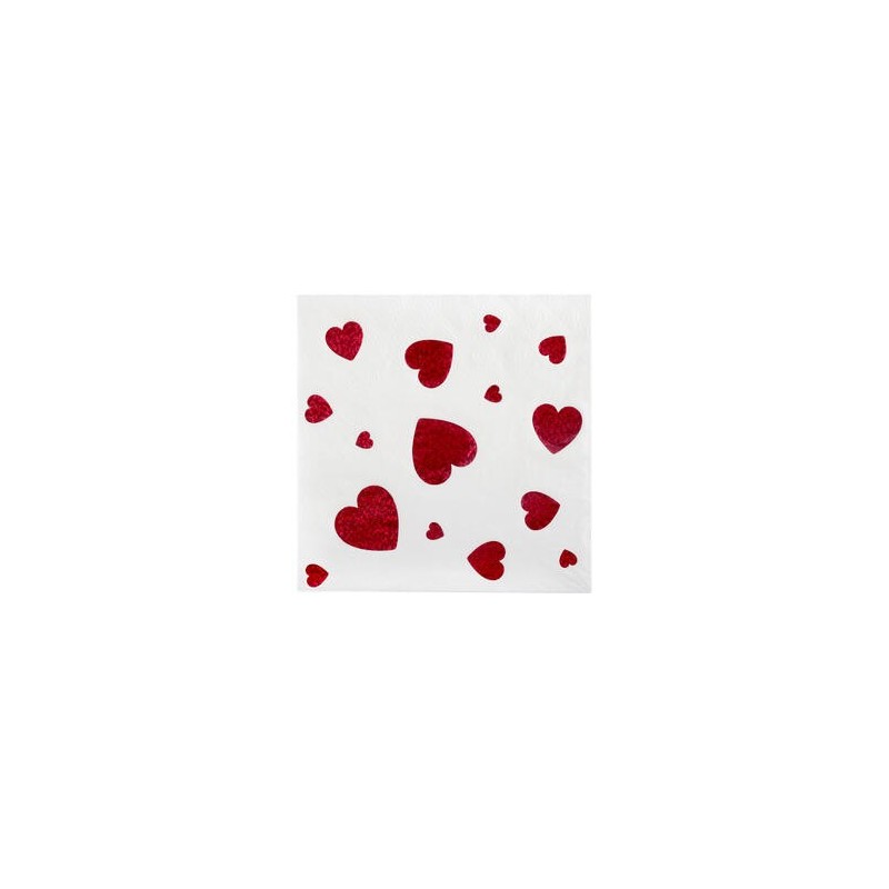 10 Serviettes Saint Valentin blanches avec coeur rouge