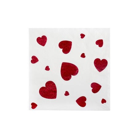 10 Serviettes Saint Valentin blanches avec coeur rouge