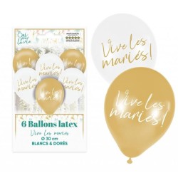 8 Ballons "Vive les Mariés" Or/Blanc 30cm