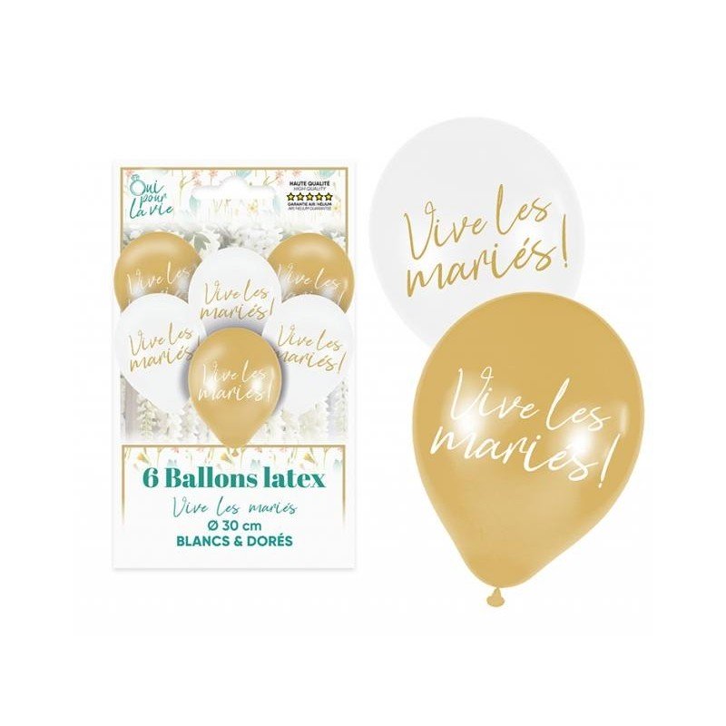 8 Ballons "Vive les Mariés" Or/Blanc 30cm