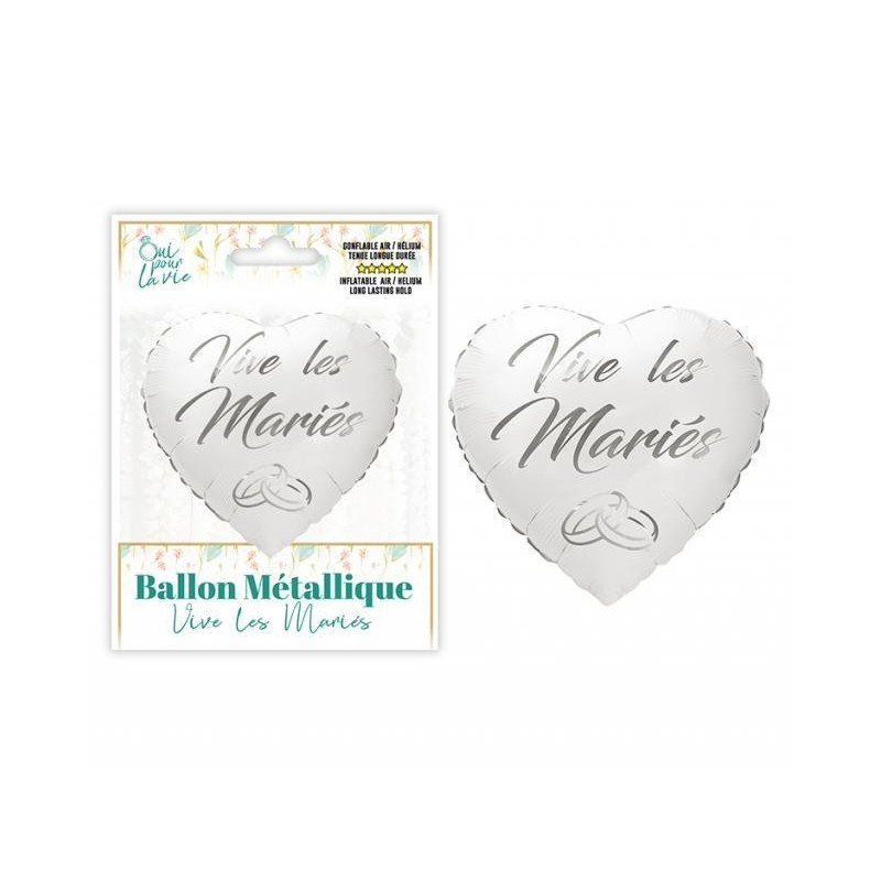1 Ballon métallique Cœur "Vive les Mariés" blanc et argent, 46cm